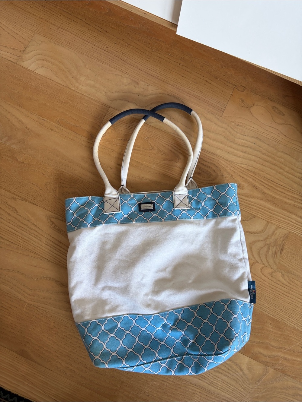 Ame & Lulu White and Light Blue Patterned Canvas Tote Bag